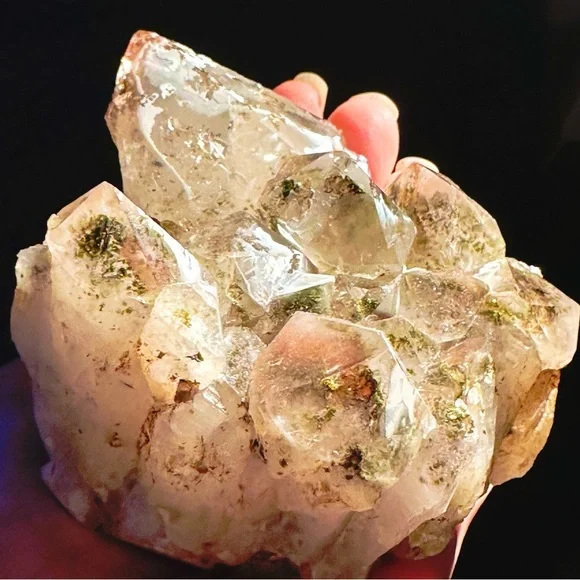 Large quartz, amethyst, and epidote combo with phantoms terminations red quartz